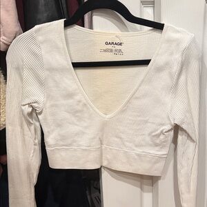 Garage Women's Cream Ribbed V-Neck Crop Top